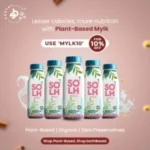 Health-focused creative for Earth Based showcasing plant-based MYLK with fewer calories and higher nutrition for a balanced lifestyle.