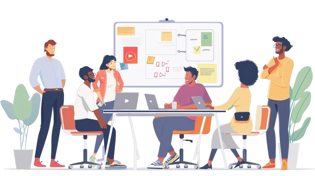 Animated visual of team collaborating on strategies behind Award-winning digital marketing projects during a focused discussion session.